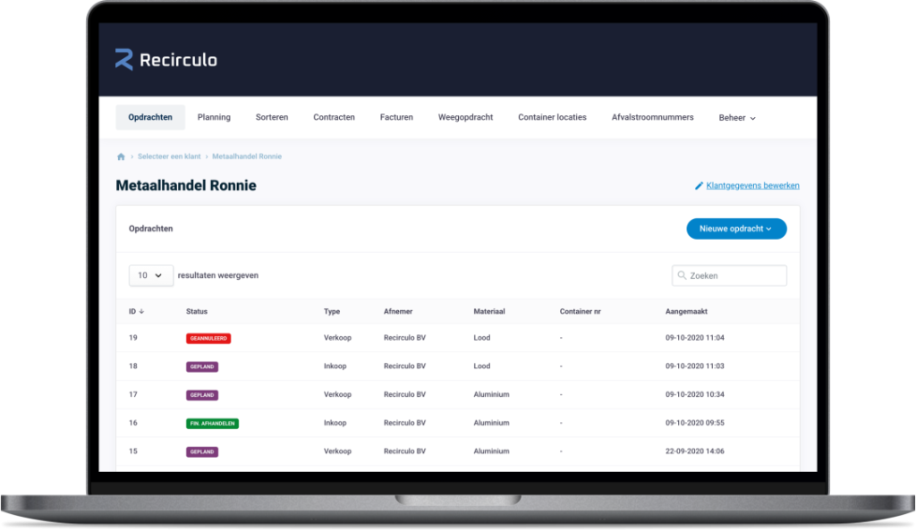 Recirculo softwarepakket interface - gebruiksvriendelijke data management oplossing voor bedrijven